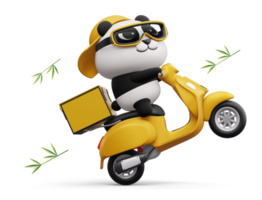 panda bonito andando de moto, entrega de panda, renderização em 3d png