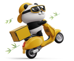 Cute Panda riding a motorcycle, panda delivery, 3d rendering png