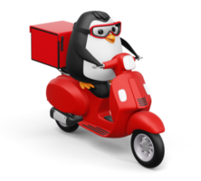 Cute penguin riding scooter, penguin delivery, 3d rendering png