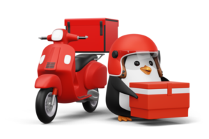 lindo pingüino sosteniendo una caja de paquetes, entrega de pingüinos, renderizado 3d png