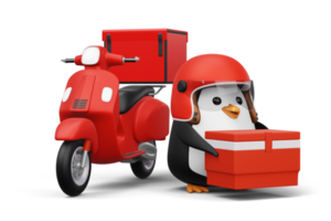 pinguim fofo segurando uma caixa de encomendas, entrega de pinguim, renderização em 3d png