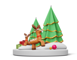 Merry christmas, Christmas tree with reindeer, 3d rendering png