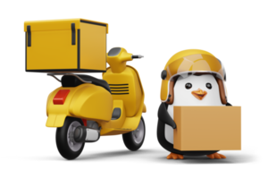 Cute penguin holding a parcel box, penguin delivery, 3d rendering png