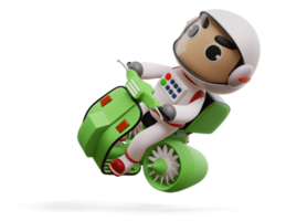 astronauta de entrega andando de moto voadora com caixa de entrega, renderização em 3d png