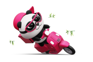 Cute Panda riding a motorcycle, panda delivery, 3d rendering png