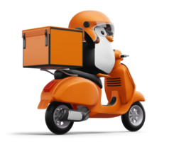 Cute penguin riding scooter, penguin delivery, 3d rendering png