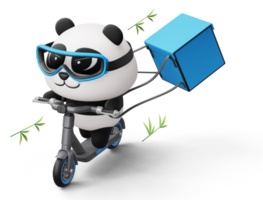 panda bonito andando de scooter, entrega de panda, renderização em 3d png