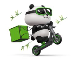 schattig panda rijden scooter, panda levering, 3d renderen png