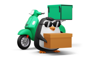 Cute penguin holding a parcel box, penguin delivery, 3d rendering png