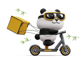 lindo scooter de equitación panda, entrega de panda, renderizado 3d png