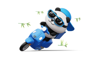 panda mignon conduisant une moto, livraison de panda, rendu 3d png