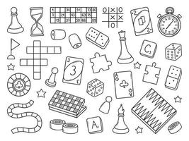 Board games doodle set. Checkers, lotto, chess, cards, backgammon in sketch style. Hand drawn vector illustration isolated on white background