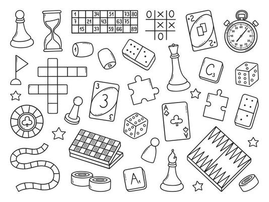 Board games doodle set. Checkers, lotto, chess, cards, backgammon in sketch style. Hand drawn vector illustration isolated on white background