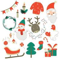 Christmas characters collection with traditional symbols - Snowman, Santa, Reindeer, Tree, Gifts and Sleigh. Vector illustration in flat cartoon style. New Year holiday concept.