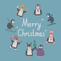 Christmas circle of cute cartoon happy funny penguins with warm clothes waiting for holidays. Winter vector illustration for children print with Merry Christmas text.