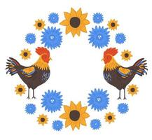marco ucraniano con gallo y flores vector