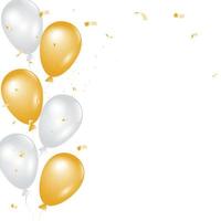 Celebratory banner - white, gold balloons and golden foil confetti. Vector festive illustration. Holiday design.