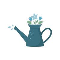 Cute watering can with flowers and drops of water. vector illustration