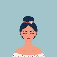 Cute girl in retro style with a bun on her head. Cards with minimalistic illustrations. vector illustration