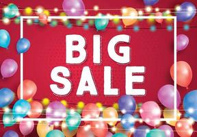 Big Sale Poster on Red Background with Flying Balloons, White Frame and Neon Garland. vector