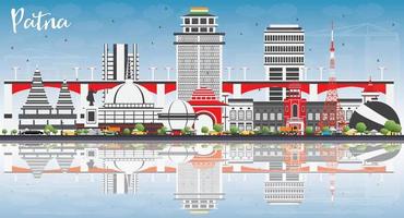 Patna Skyline with Gray Buildings, Blue Sky and Reflections. vector