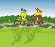 Man and Woman Ride on Bicycle on a Country Road. vector