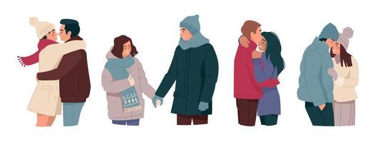 Loving couple in winter clothes. Hugs, romance, meeting lovers. Man and woman are kissing. Vector image.