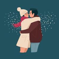 The lovers embrace and kiss. Man and woman in winter clothes. Romance. people under the snow. Vector image.