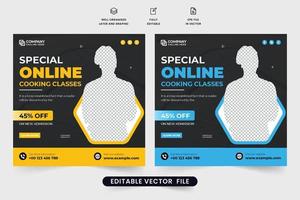 Professional cooking class template design for social media promotion. Online culinary class promotional web banner template with yellow and blue colors. Special chef training poster vector. vector