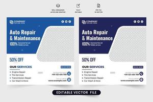 Professional car repair and cleaning service advertisement template design with photo placeholders. Vehicle maintenance social media post vector for marketing. Auto car repair business promotion.