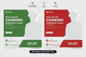 Modern chef training class social media promotion template. Cooking class promotional web banner for the culinary training center. Online cooking class social media posts with red and green colors. vector