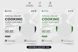 diseño de plantilla de marketing de medios sociales de clase de cocina especial con colores oscuros y verdes. diseño de banner web culinario con marcadores de posición de fotos. plantilla de póster de anuncio de lección de cocina. vector