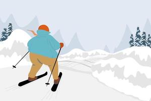 Skiing man in blue sweater and brow pants on mountain, playing ski, landscape covering by ice and snow in winter season, vector cartoon character drawing