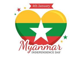 celebrando el día de la independencia de myanmar el 4 de enero con banderas en fondo plano de dibujos animados dibujados a mano ilustración de plantillas vector