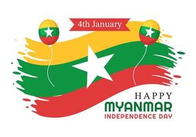 celebrando el día de la independencia de myanmar el 4 de enero con banderas en fondo plano de dibujos animados ilustración de plantillas dibujadas a mano vector