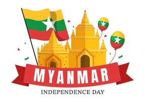 celebrando el día de la independencia de myanmar el 4 de enero con banderas en fondo plano de dibujos animados dibujados a mano ilustración de plantillas vector