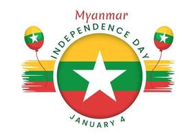 celebrando el día de la independencia de myanmar el 4 de enero con banderas en fondo plano de dibujos animados ilustración de plantillas dibujadas a mano vector