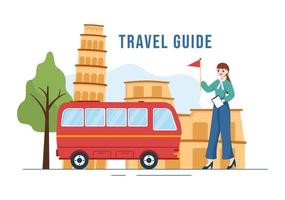 guía de viaje y recorrido que muestra lugares interesantes a un grupo de turistas para planificar vacaciones en dibujos animados planos dibujados a mano ilustración de plantillas vector