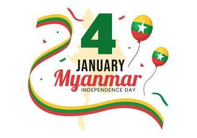 Celebrating Myanmar Independence Day on January 4th with Flags in Flat Cartoon Background Hand Drawn Templates Illustration vector