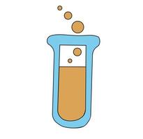 Illustration of a test tube with orange liquid and bubbles. Science chemical icon. vector