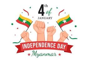 celebrando el día de la independencia de myanmar el 4 de enero con banderas en fondo plano de dibujos animados ilustración de plantillas dibujadas a mano vector