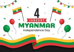 Celebrating Myanmar Independence Day on January 4th with Flags in Flat Cartoon Background Hand Drawn Templates Illustration vector
