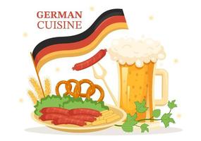 restaurante de comida alemana con una colección de deliciosa cocina tradicional y bebidas en dibujos animados planos dibujados a mano ilustración de plantillas vector