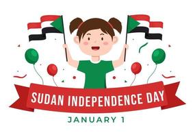 día de la independencia de sudán el 1 de enero con niños pequeños que llevan la bandera sudanesa en un fondo plano de dibujos animados ilustración de plantilla dibujada a mano vector