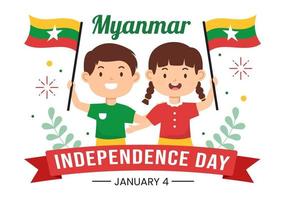 Celebrating Myanmar Independence Day on January 4th with Little Kids Carrying Flags in Cartoon Hand Drawn Templates Illustration vector