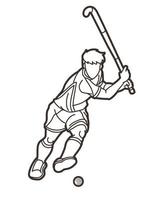 Field Hockey Sport Male Player Action Cartoon Outline vector