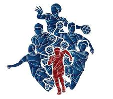 balonmano deporte masculino jugadores equipo hombres mezcla acción dibujos animados gráfico vector