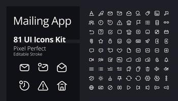 Mailing app pixel perfect white linear ui icons kit for dark theme. Communication technology. Isolated user interface symbols for night mode. Vector line pictograms. Editable stroke