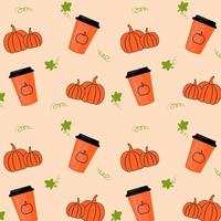 Seamless pattern with pumpkins and paper cup. Halloween background. Autumn harvesting. Retro design for print on fabric, wrapping paper, wallpaper, packaging. Vector illustration