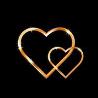tarjeta del día de san valentín con dos corazones dorados unidos. símbolos de amor aislados en fondo oscuro. gráfico de estilo plano para carteles, pancartas, tarjetas, postales y diseño web vector